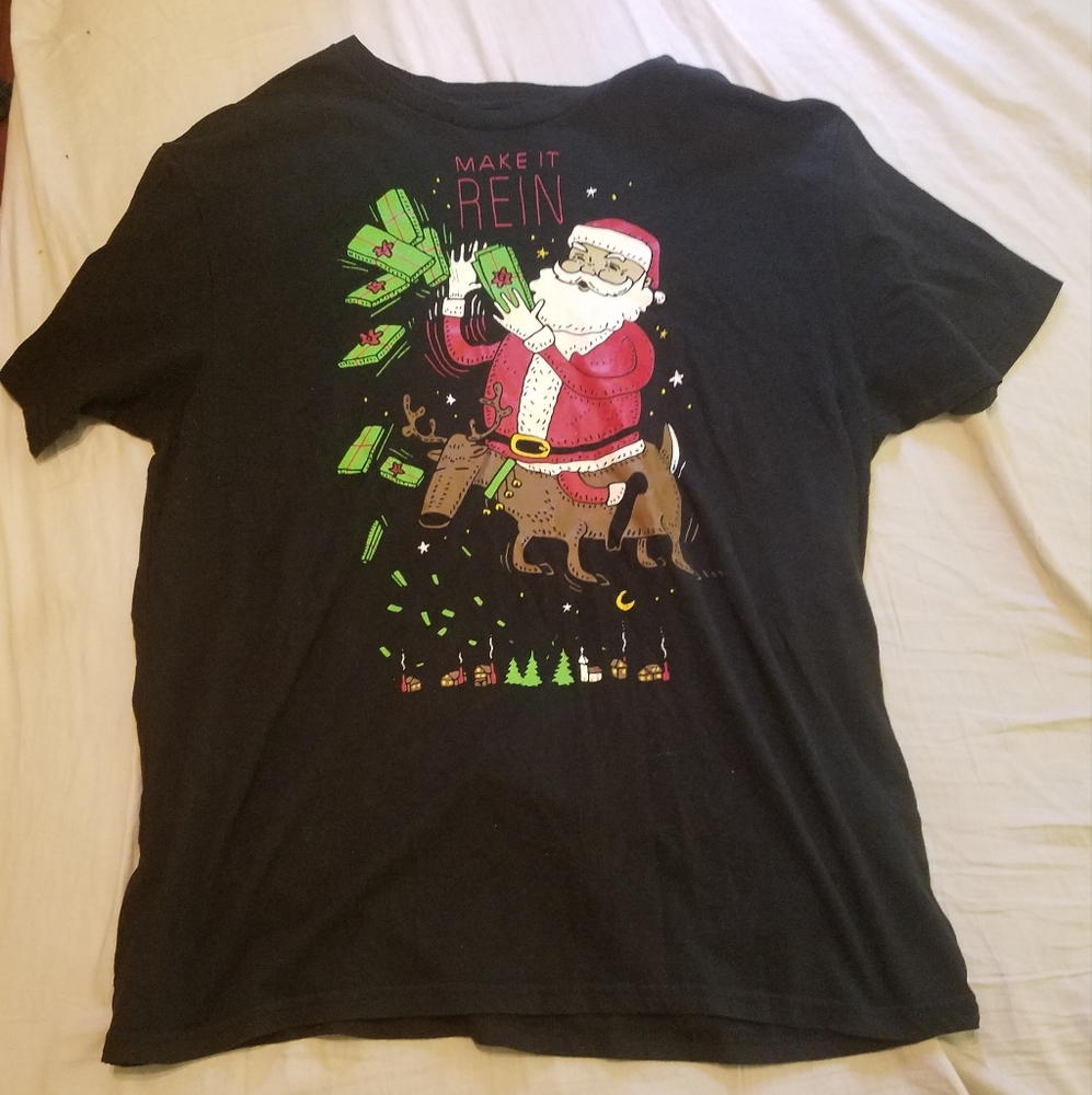 Make it Rein Santa Holiday Christmas Black Short Sleeve T-Shirt Adult Sz XL